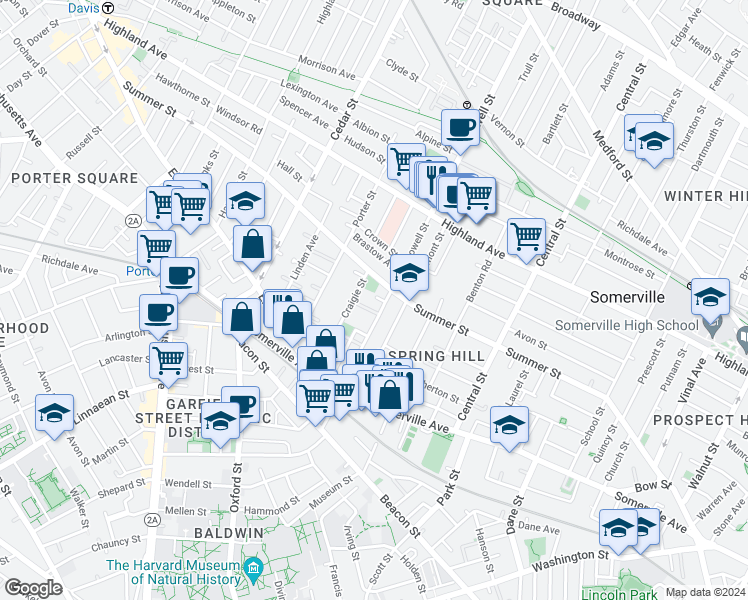 map of restaurants, bars, coffee shops, grocery stores, and more near 74 Lowell Street in Somerville