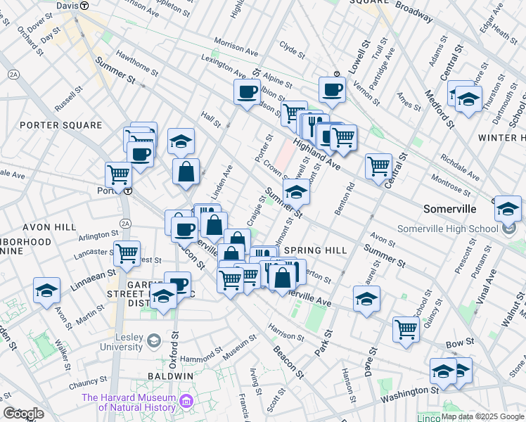 map of restaurants, bars, coffee shops, grocery stores, and more near 74 Lowell Street in Somerville