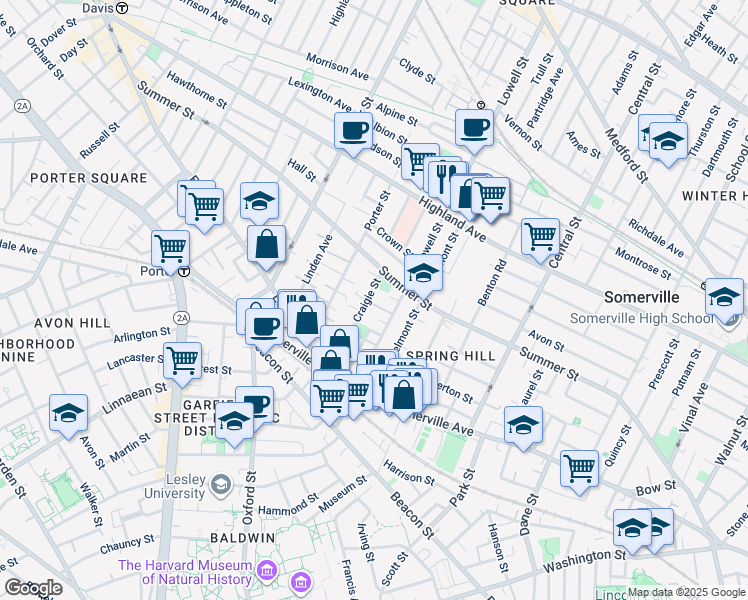 map of restaurants, bars, coffee shops, grocery stores, and more near 74 Lowell Street in Somerville