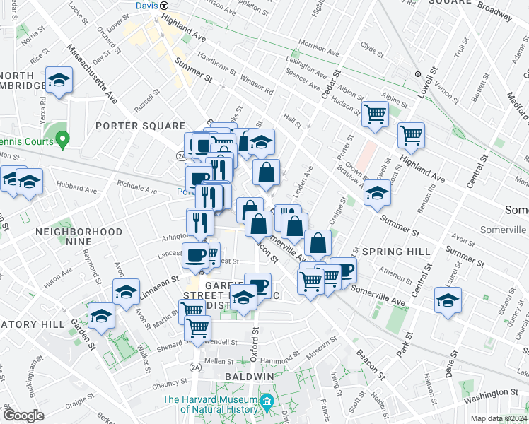 map of restaurants, bars, coffee shops, grocery stores, and more near 36 Elm Street in Somerville
