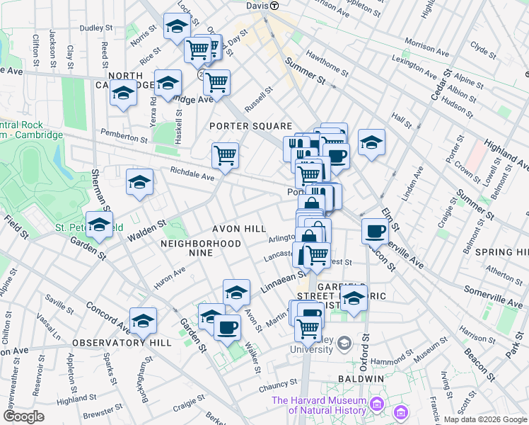 map of restaurants, bars, coffee shops, grocery stores, and more near 7 Walnut Avenue in Cambridge