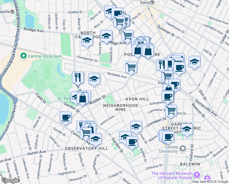 map of restaurants, bars, coffee shops, grocery stores, and more near 127 Raymond Street in Cambridge
