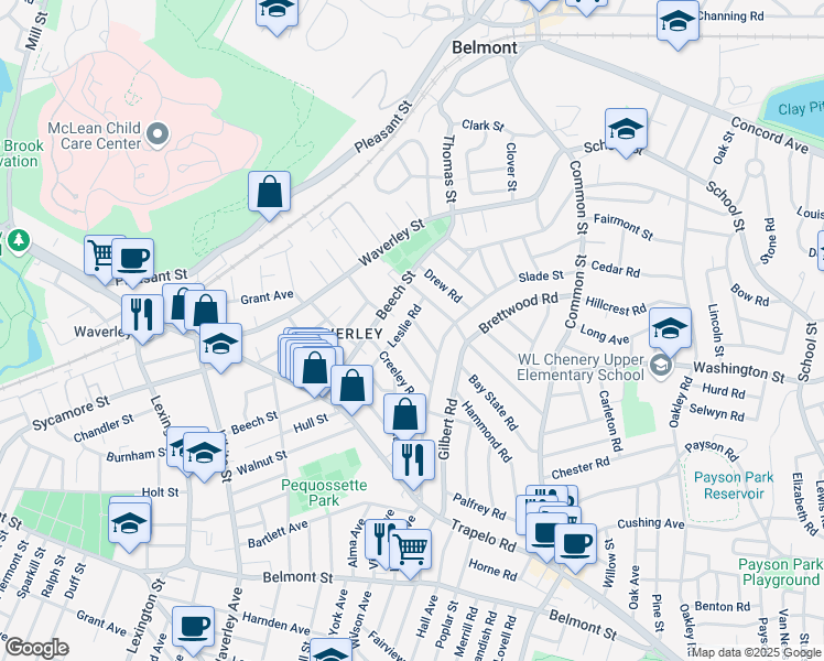 map of restaurants, bars, coffee shops, grocery stores, and more near 46-48 Wiley Road in Belmont