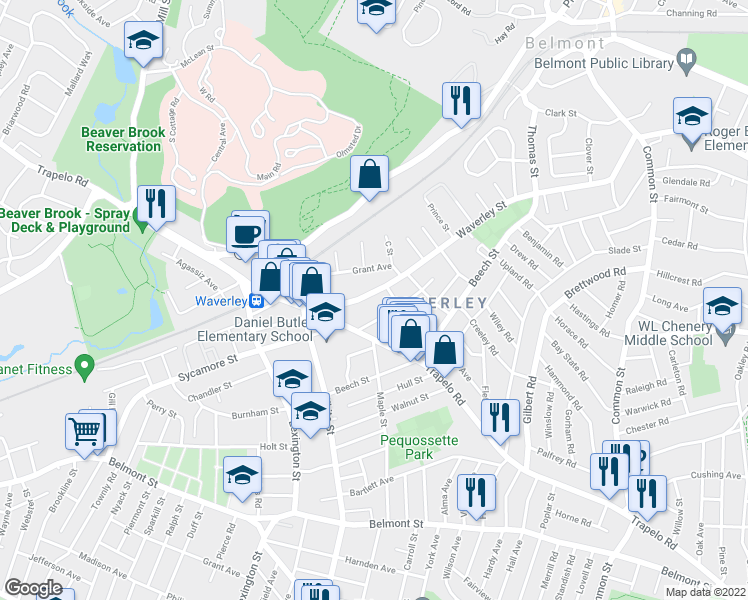 map of restaurants, bars, coffee shops, grocery stores, and more near 24 Hawthorne Street in Belmont