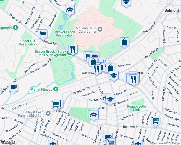 map of restaurants, bars, coffee shops, grocery stores, and more near 29 Lexington Street in Belmont