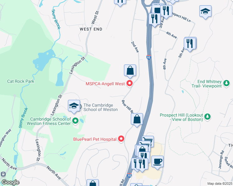 map of restaurants, bars, coffee shops, grocery stores, and more near 322-360 2nd Ave in Waltham