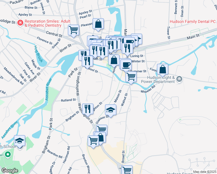 map of restaurants, bars, coffee shops, grocery stores, and more near 68 Houghton Street in Hudson