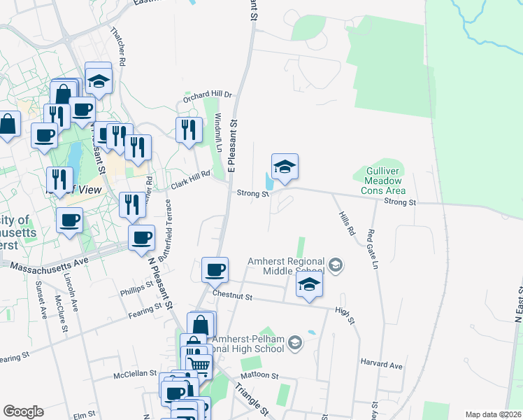 map of restaurants, bars, coffee shops, grocery stores, and more near 71 Strong Street in Amherst