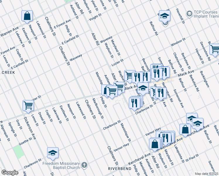 map of restaurants, bars, coffee shops, grocery stores, and more near in Detroit
