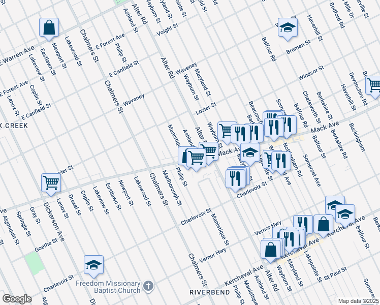 map of restaurants, bars, coffee shops, grocery stores, and more near in Detroit
