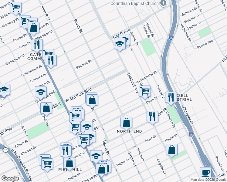 map of restaurants, bars, coffee shops, grocery stores, and more near 9429 Brush Street in Detroit