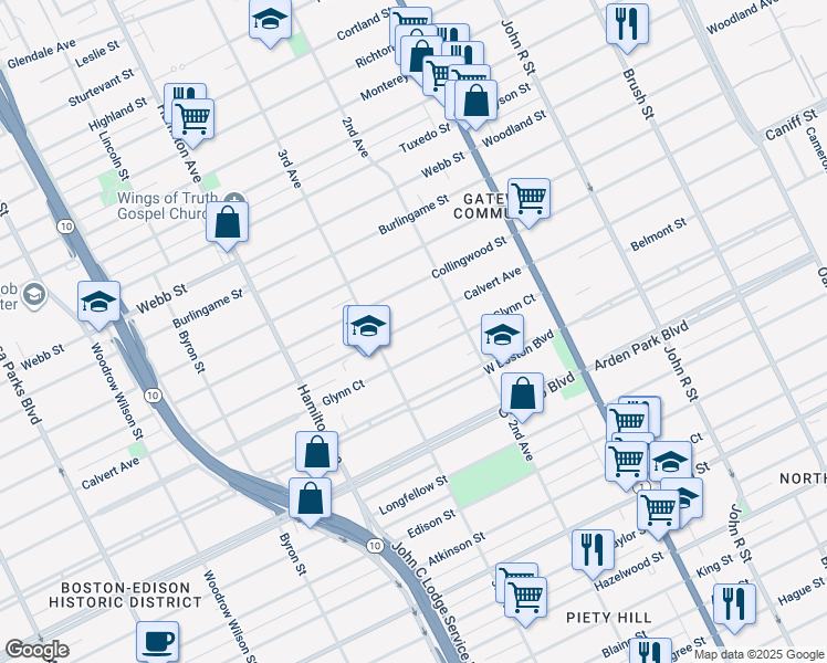 map of restaurants, bars, coffee shops, grocery stores, and more near 726 Glynn Court in Detroit