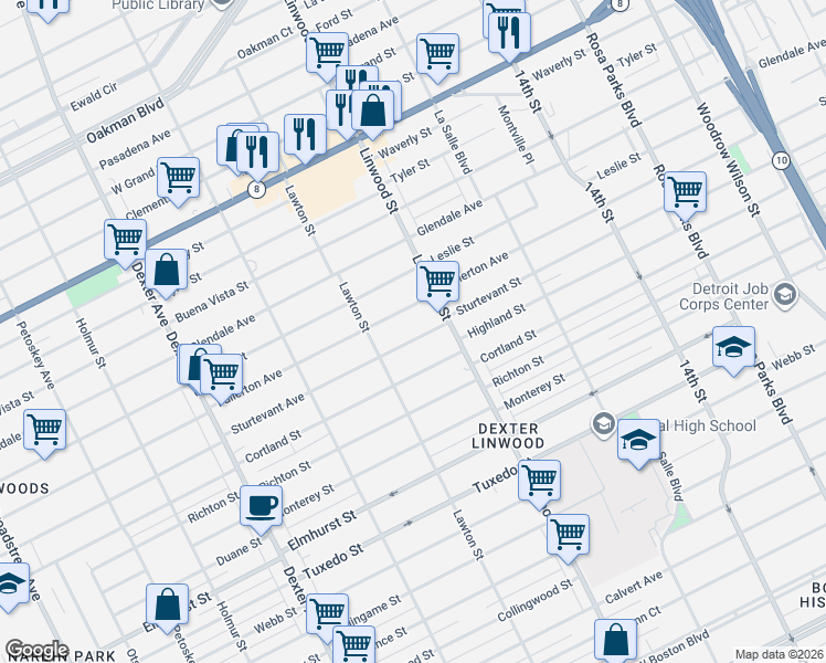 map of restaurants, bars, coffee shops, grocery stores, and more near 2673 Sturtevant Street in Detroit