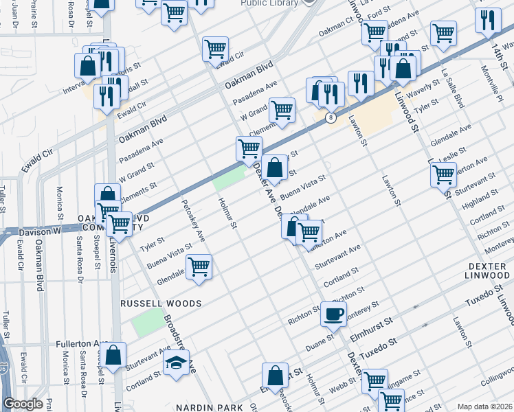map of restaurants, bars, coffee shops, grocery stores, and more near 3727 Buena Vista Street in Detroit
