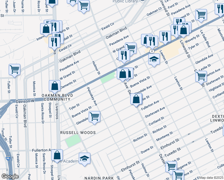 map of restaurants, bars, coffee shops, grocery stores, and more near 3814 Buena Vista Street in Detroit