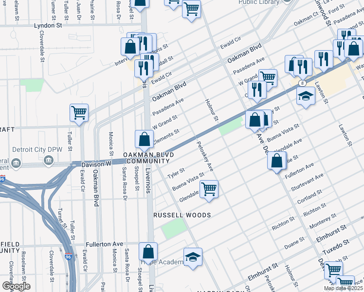 map of restaurants, bars, coffee shops, grocery stores, and more near 4260 Waverly Avenue in Detroit