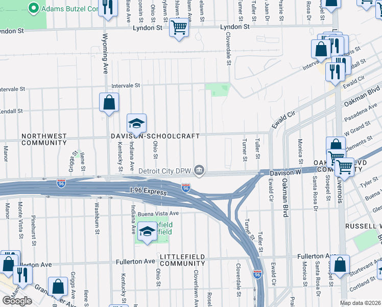 map of restaurants, bars, coffee shops, grocery stores, and more near 13546 Northlawn Street in Detroit