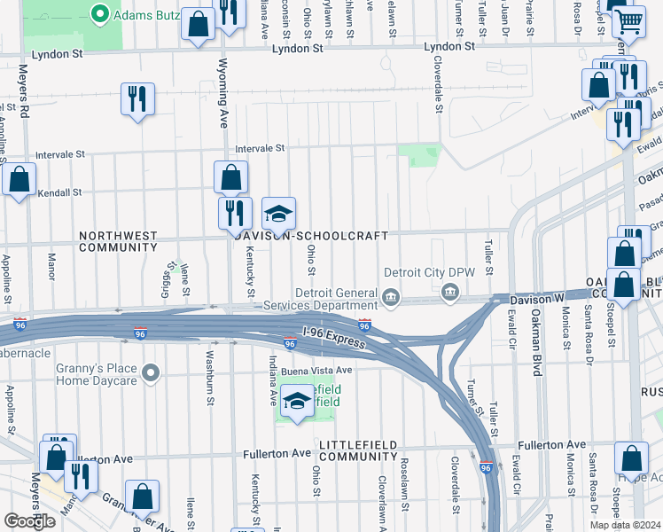 map of restaurants, bars, coffee shops, grocery stores, and more near 13550 Cherrylawn Street in Detroit