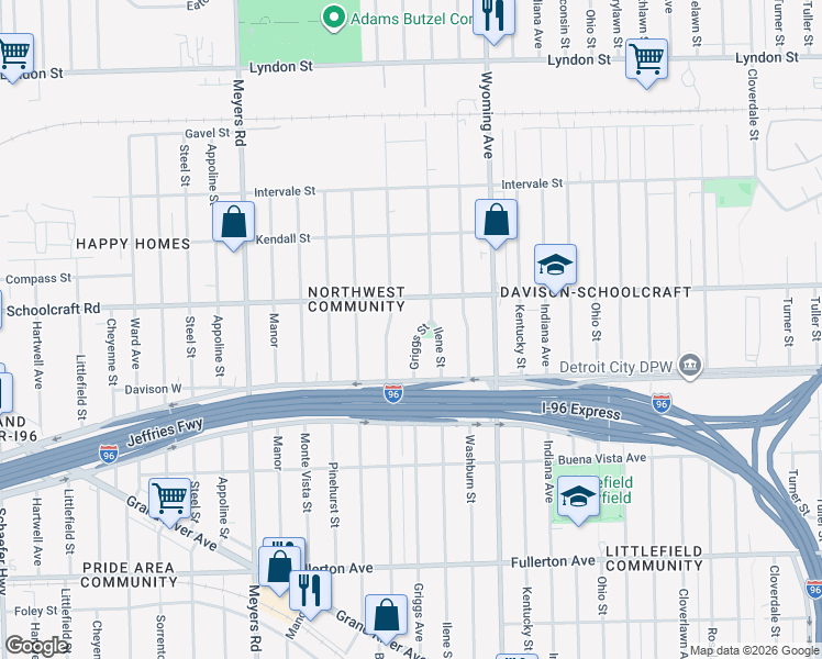 map of restaurants, bars, coffee shops, grocery stores, and more near 13566 Birwood Street in Detroit