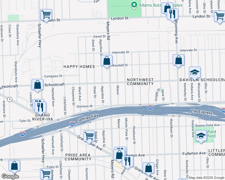 map of restaurants, bars, coffee shops, grocery stores, and more near 13581 Meyers Road in Detroit