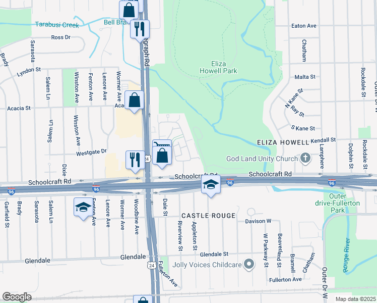 map of restaurants, bars, coffee shops, grocery stores, and more near 14200 Riverview Street in Detroit