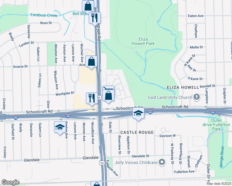 map of restaurants, bars, coffee shops, grocery stores, and more near 23814 Schoolcraft Road in Detroit