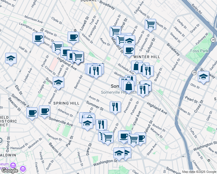 map of restaurants, bars, coffee shops, grocery stores, and more near 130 Highland Avenue in Somerville