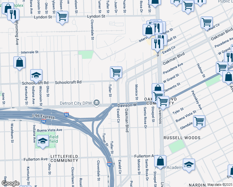 map of restaurants, bars, coffee shops, grocery stores, and more near 2944 Ewald Circle in Detroit