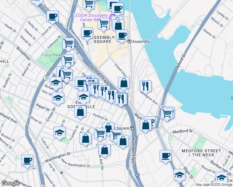 map of restaurants, bars, coffee shops, grocery stores, and more near Northern Expressway in Boston