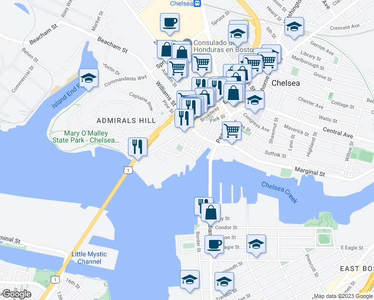 map of restaurants, bars, coffee shops, grocery stores, and more near 1 Winnisimmet Street in Chelsea