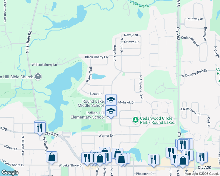 map of restaurants, bars, coffee shops, grocery stores, and more near 2160 North Lotus Drive in Round Lake Heights