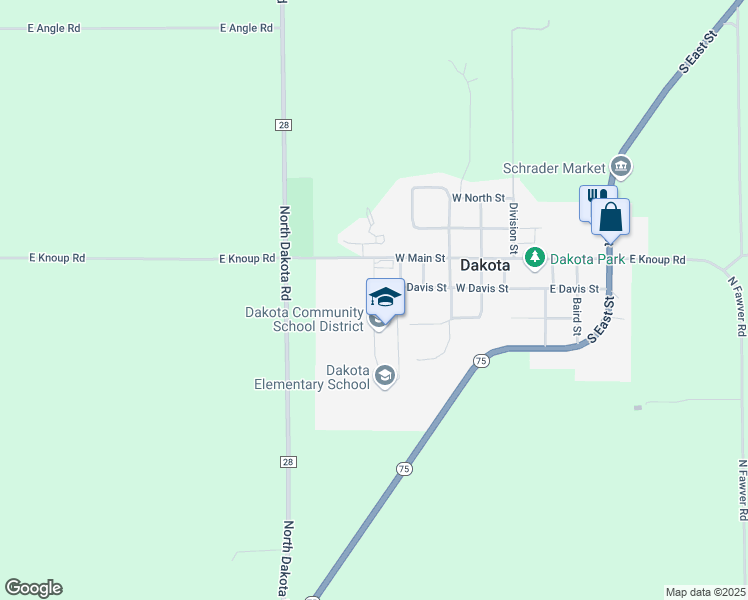 map of restaurants, bars, coffee shops, grocery stores, and more near Campus Drive in Dakota