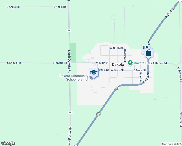 map of restaurants, bars, coffee shops, grocery stores, and more near Campus Drive in Dakota