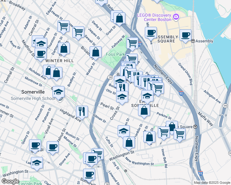 map of restaurants, bars, coffee shops, grocery stores, and more near 13 Everett Avenue in Somerville