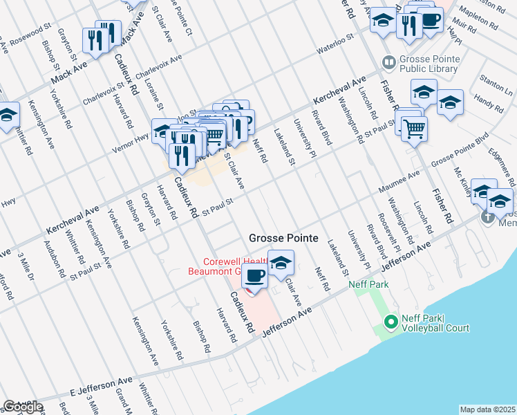 map of restaurants, bars, coffee shops, grocery stores, and more near 513 Saint Clair Avenue in Grosse Pointe