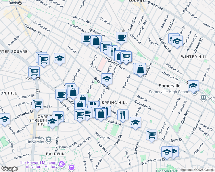 map of restaurants, bars, coffee shops, grocery stores, and more near 194 Summer Street in Somerville