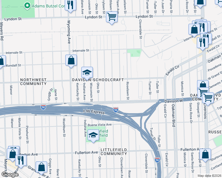 map of restaurants, bars, coffee shops, grocery stores, and more near 13546 Northlawn Street in Detroit