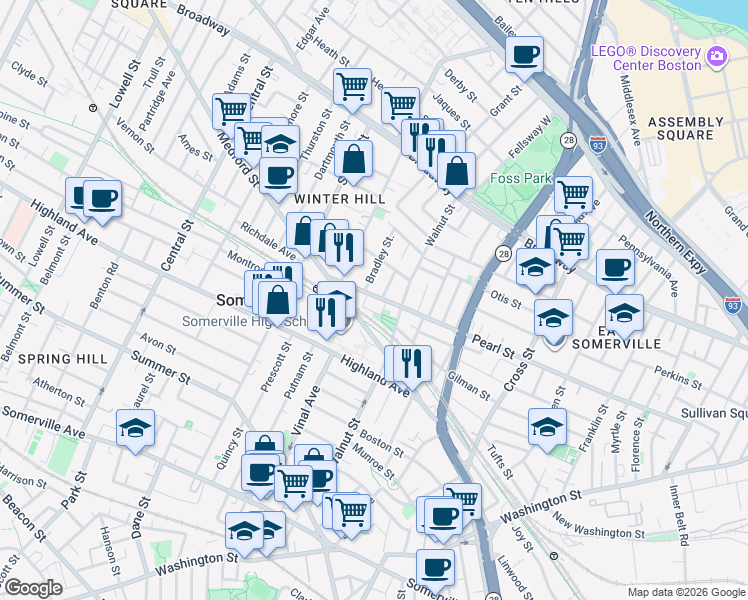 map of restaurants, bars, coffee shops, grocery stores, and more near 106 Walnut Street in Somerville