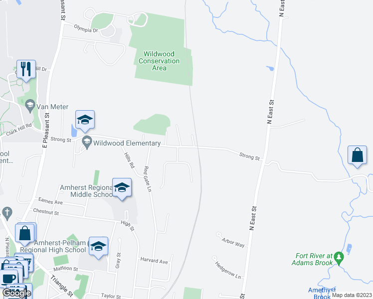 map of restaurants, bars, coffee shops, grocery stores, and more near 265 Strong Street in Amherst