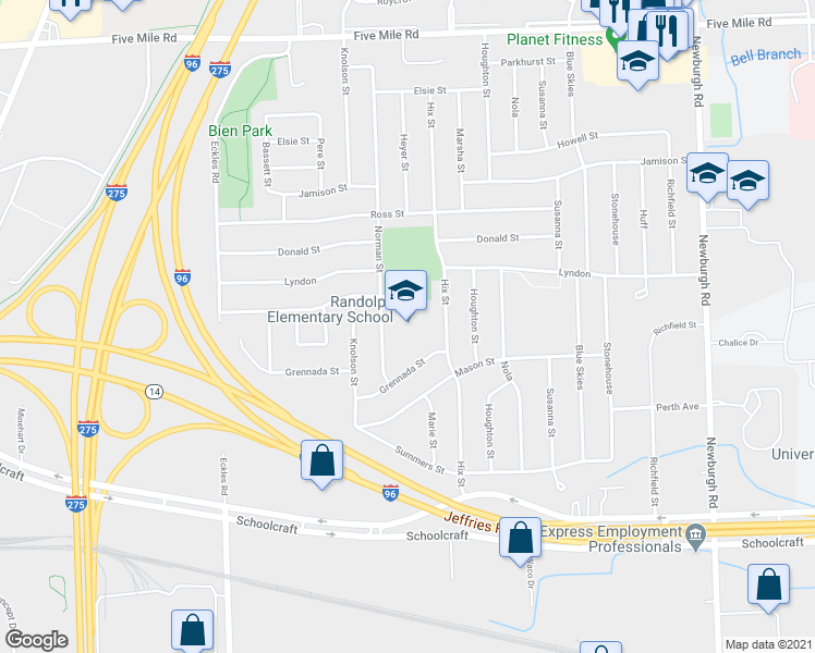 map of restaurants, bars, coffee shops, grocery stores, and more near 14470 Norman Street in Livonia