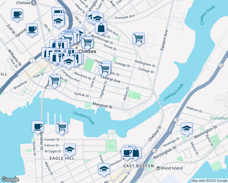 map of restaurants, bars, coffee shops, grocery stores, and more near 22 Willow Street in Chelsea