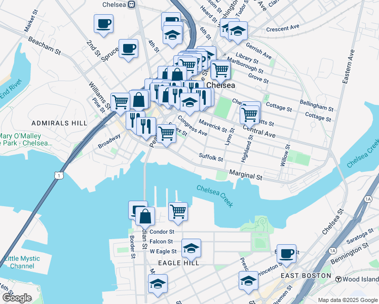 map of restaurants, bars, coffee shops, grocery stores, and more near 90 Marginal Street in Chelsea