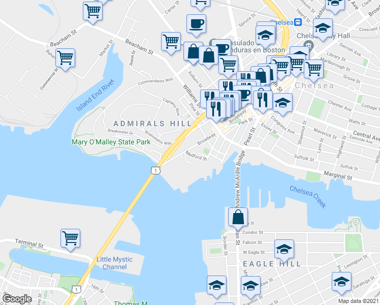map of restaurants, bars, coffee shops, grocery stores, and more near 22 Front Street in Chelsea
