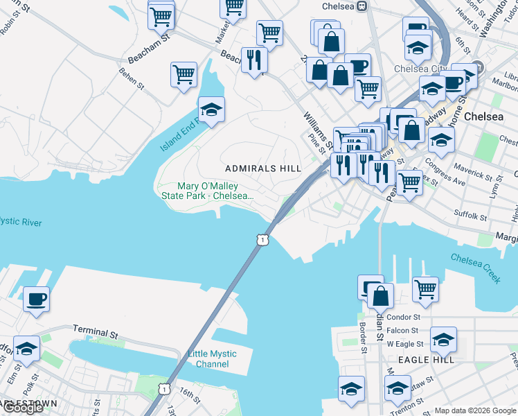 map of restaurants, bars, coffee shops, grocery stores, and more near 410 Commandants Way in Chelsea