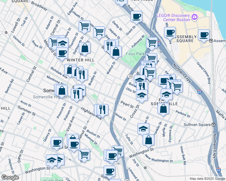 map of restaurants, bars, coffee shops, grocery stores, and more near 5 Wesley Street in Somerville