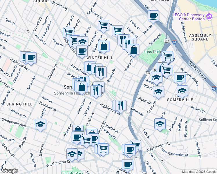 map of restaurants, bars, coffee shops, grocery stores, and more near 106 Walnut Street in Somerville
