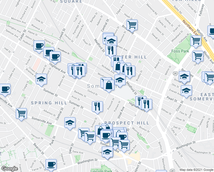 map of restaurants, bars, coffee shops, grocery stores, and more near 93 Highland Avenue in Somerville
