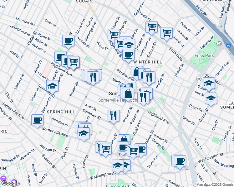map of restaurants, bars, coffee shops, grocery stores, and more near in Somerville