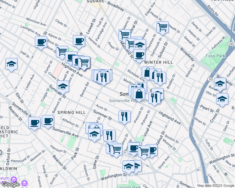 map of restaurants, bars, coffee shops, grocery stores, and more near in Somerville