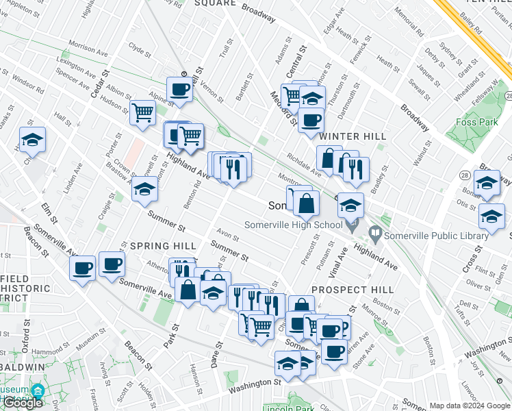 map of restaurants, bars, coffee shops, grocery stores, and more near in Somerville